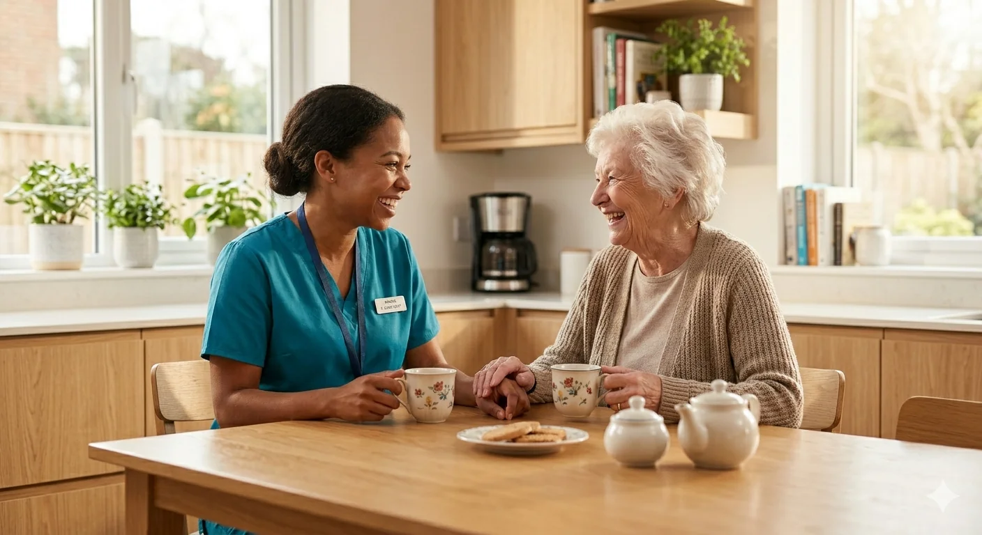 Elderly client enjoying happy independent life at home